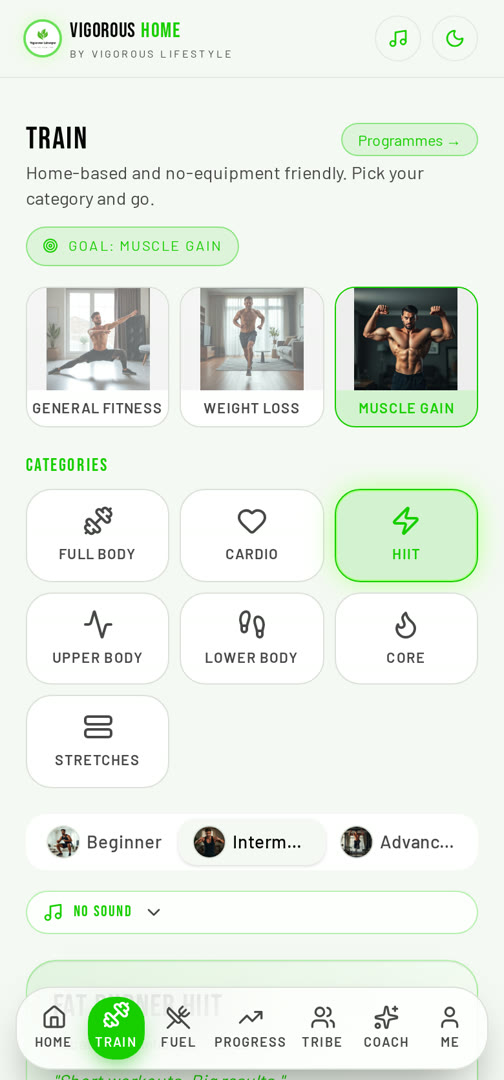 Vigorous Home app Equipment-aware Train page screen