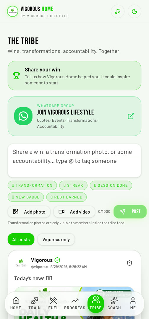 Vigorous Home app The Tribe screen