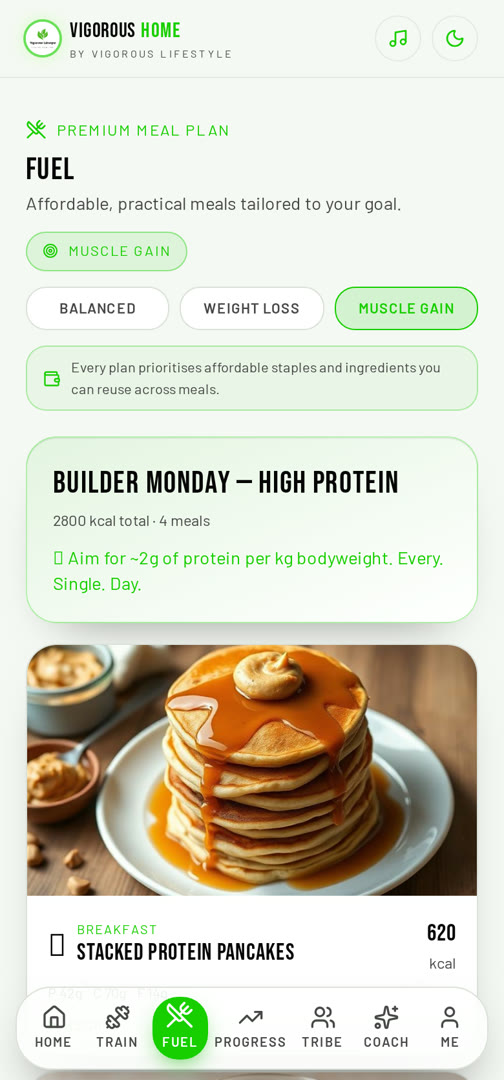 Vigorous Home app Meal plans screen