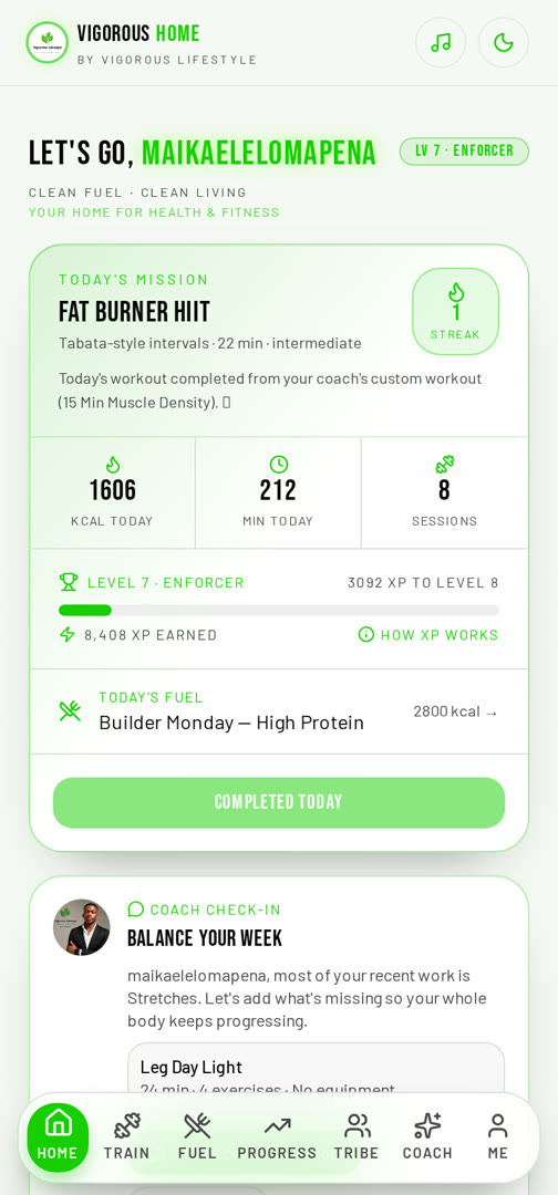 Vigorous Home app Personal home plan screen