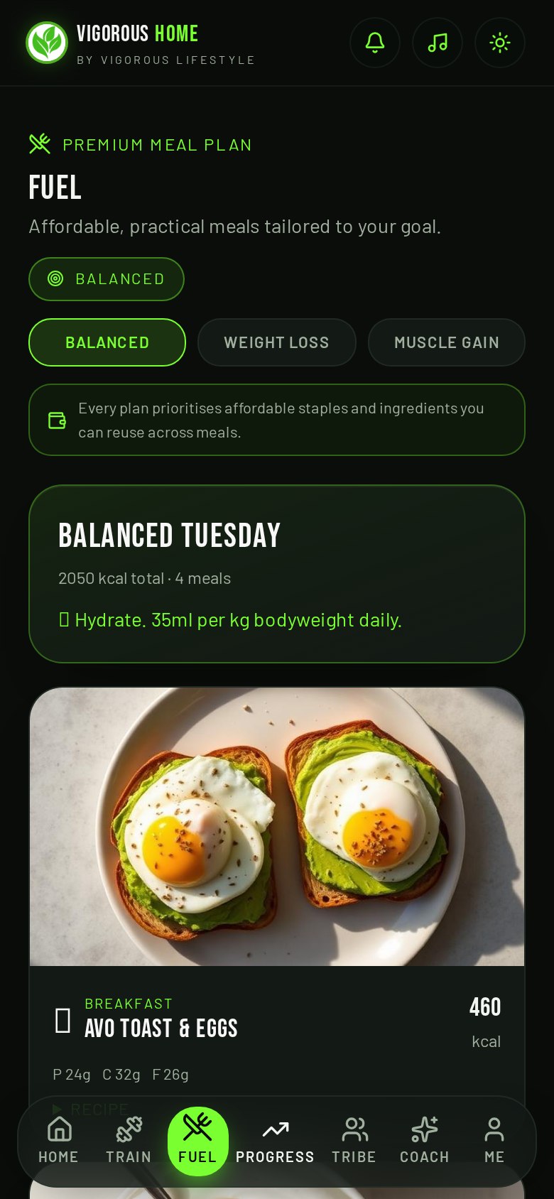 Vigorous Home app Meal plans screen