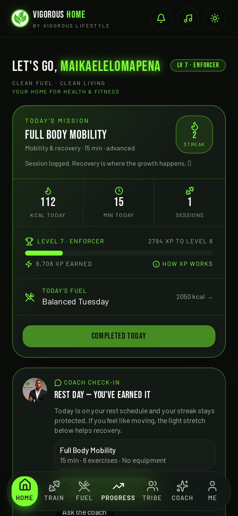 Vigorous Home app Personal home plan screen