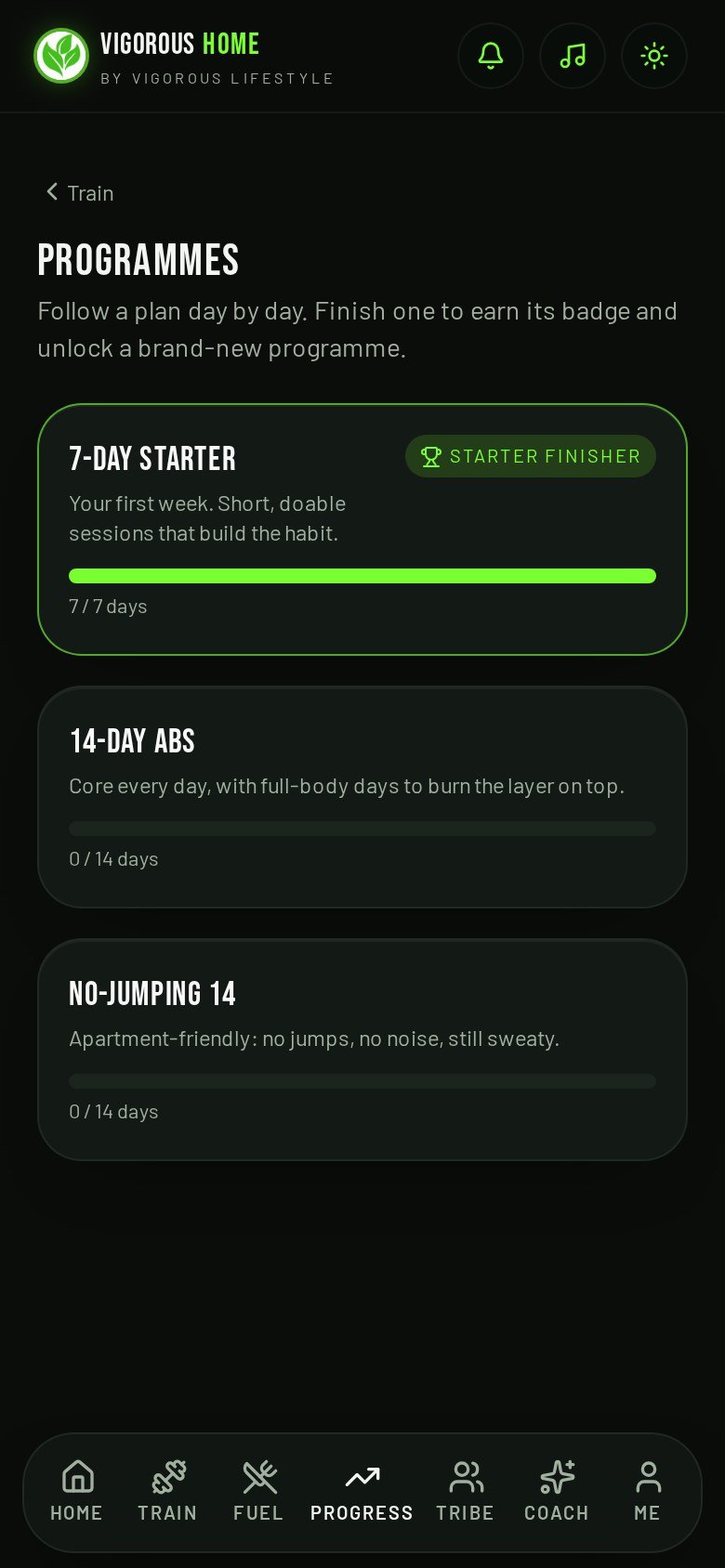Vigorous Home app Guided programmes screen