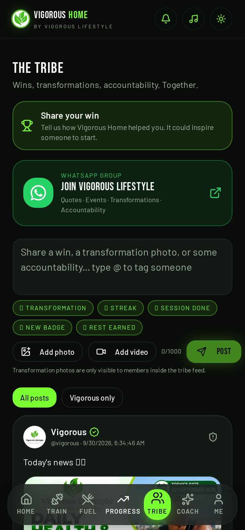 Vigorous Home app The Tribe screen