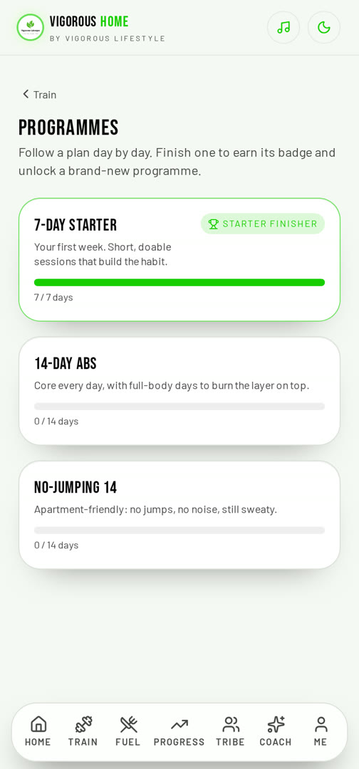 Vigorous Home app Guided programmes screen