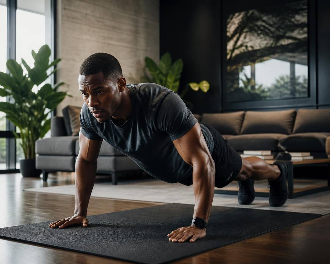 Man doing push-ups on a mat in his living room