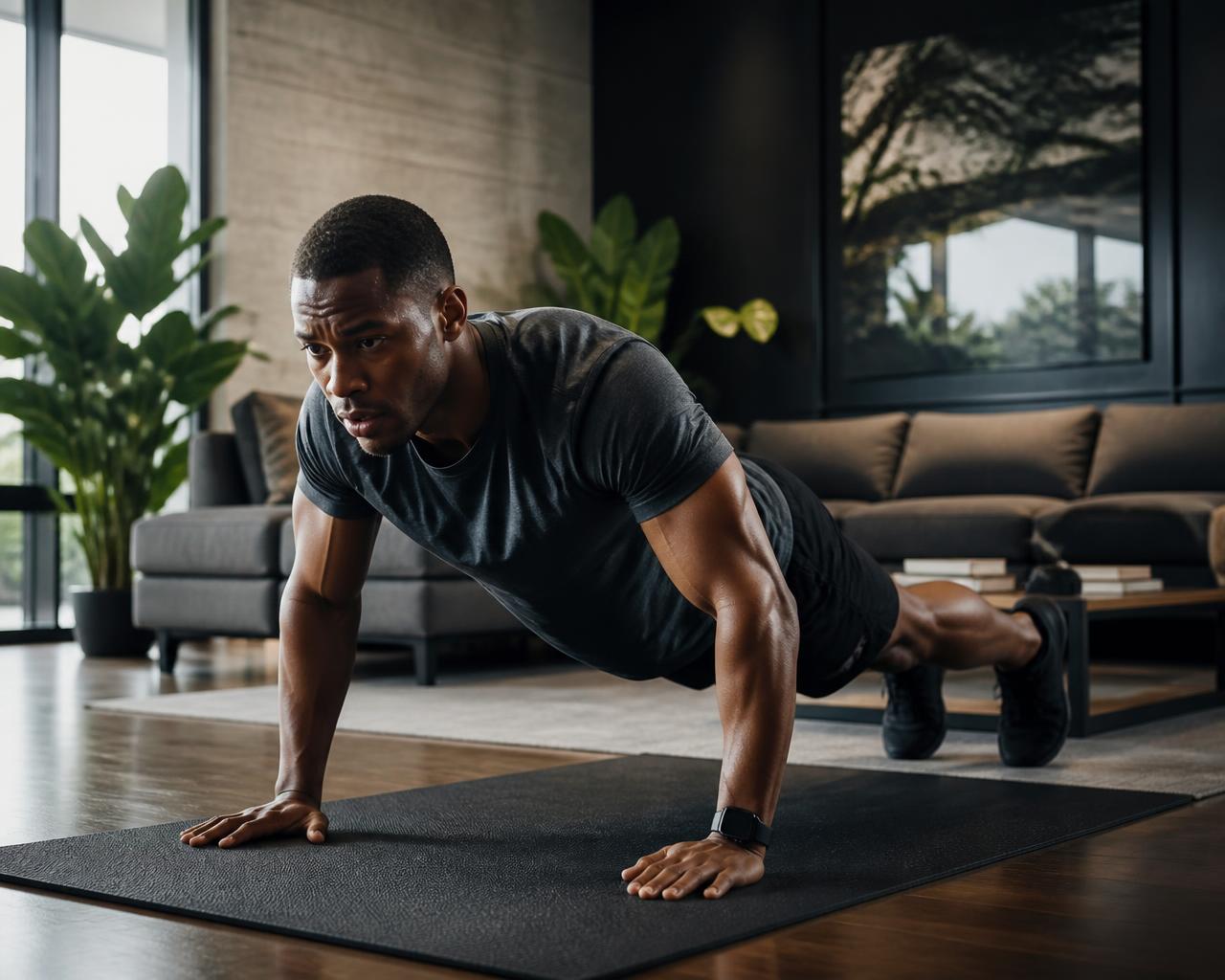 Man doing push-ups on a mat in his living room