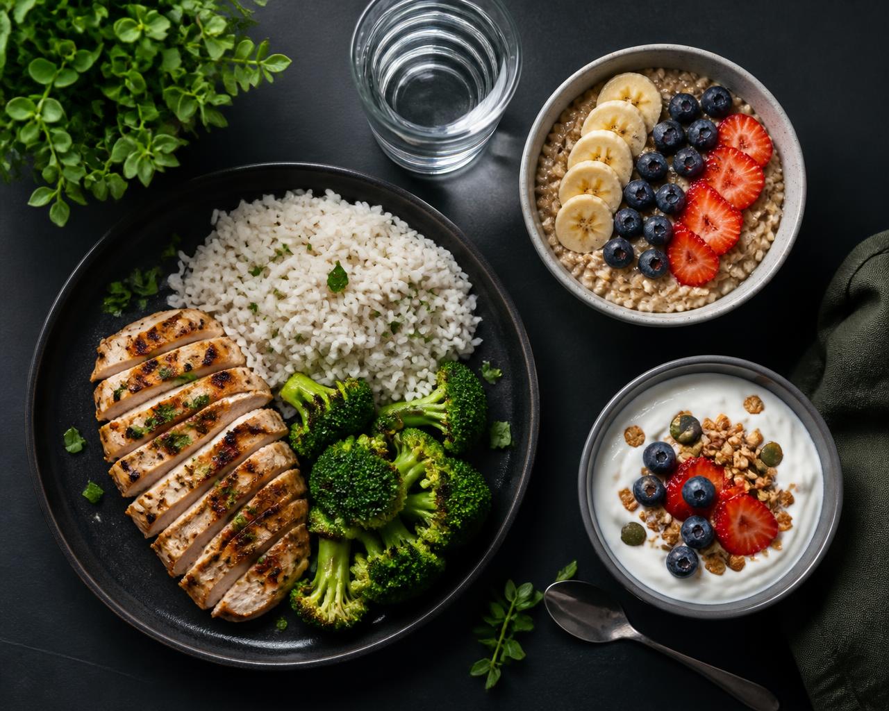 Simple healthy home-cooked meals: grilled chicken with rice, oats and yogurt bowls