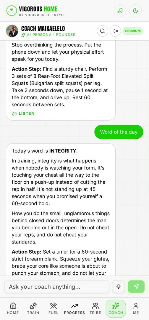 Vigorous Home app AI Coach screen