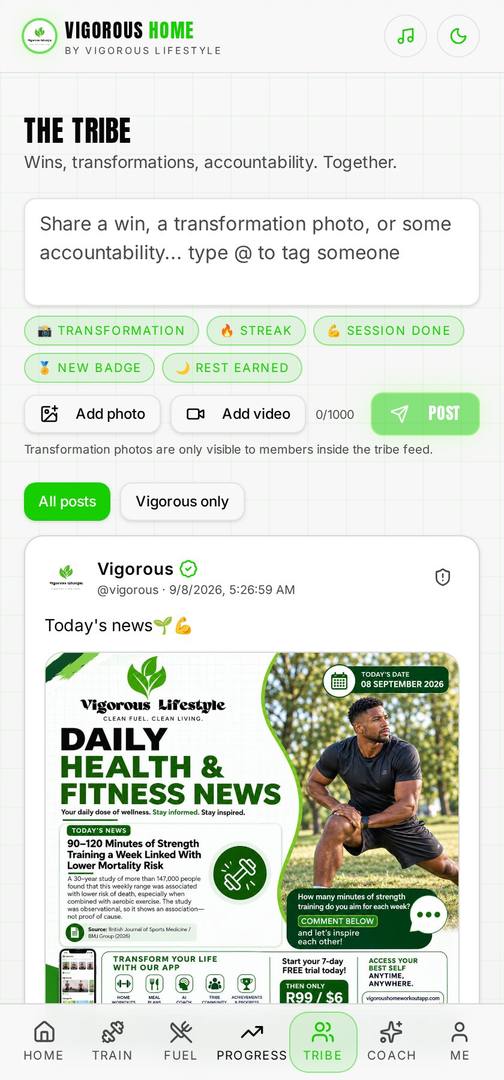 Vigorous Home app The Tribe screen
