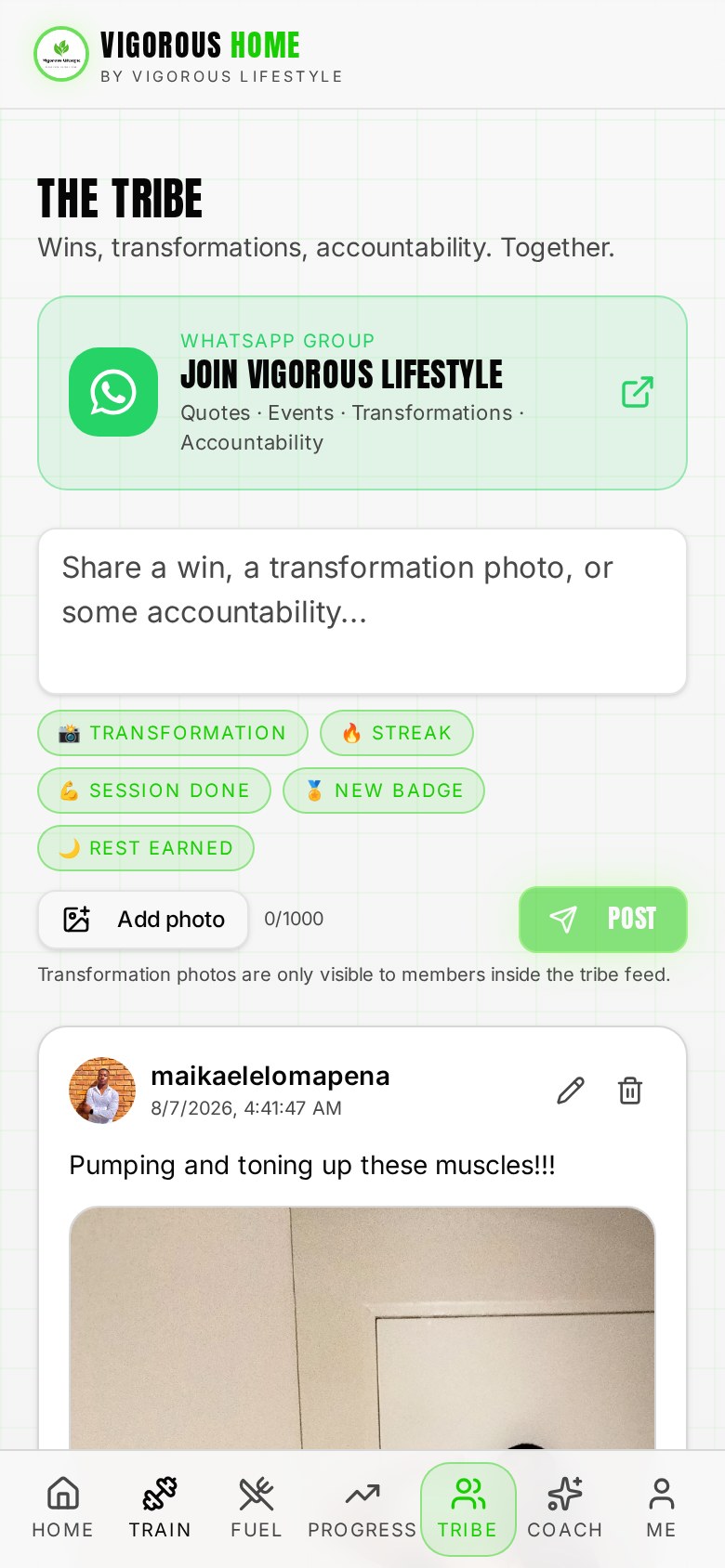 Vigorous Home app The Tribe screen