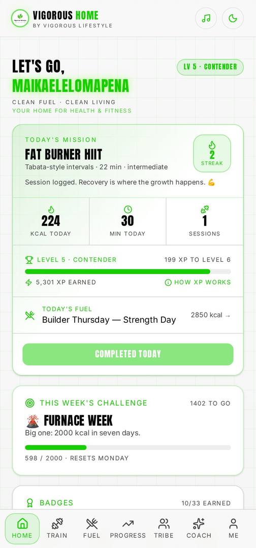 Vigorous Home app Home dashboard screen