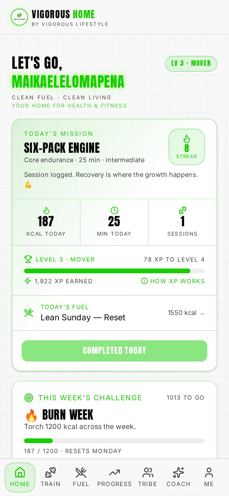 Vigorous Home app Home dashboard screen