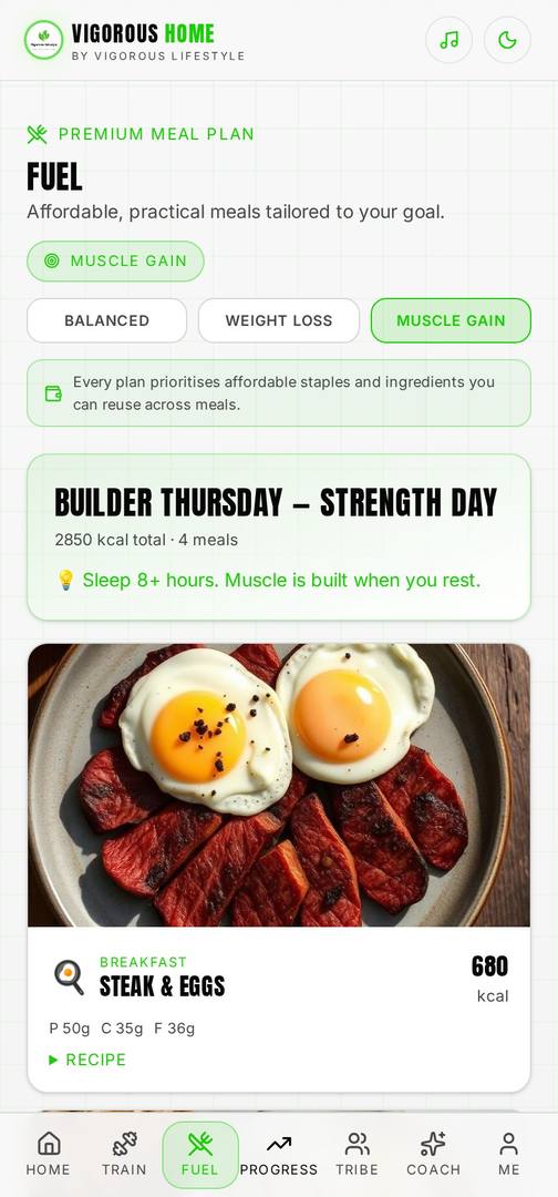 Vigorous Home app Meal plans screen
