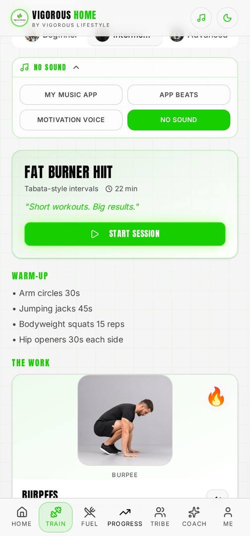 Vigorous Home app Workout sound screen