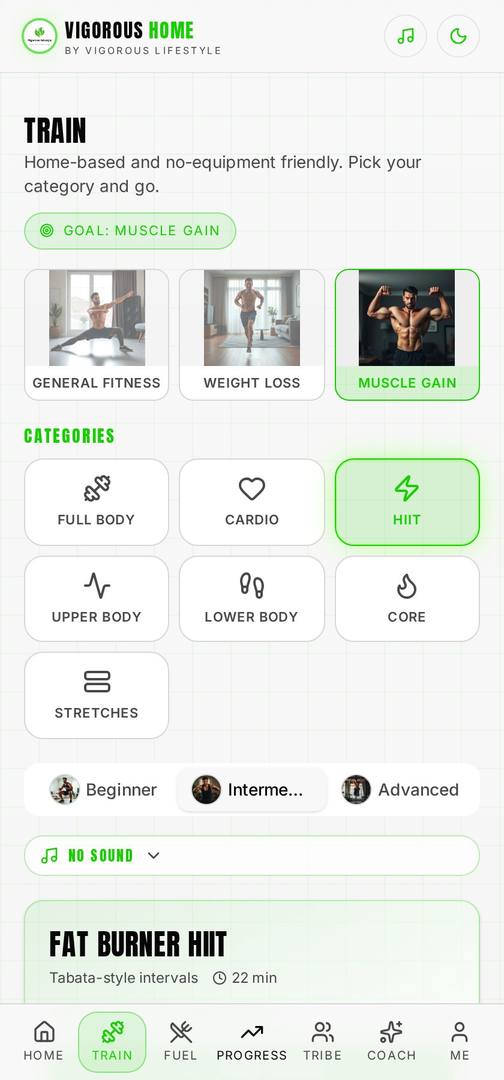 Vigorous Home app Workout library screen