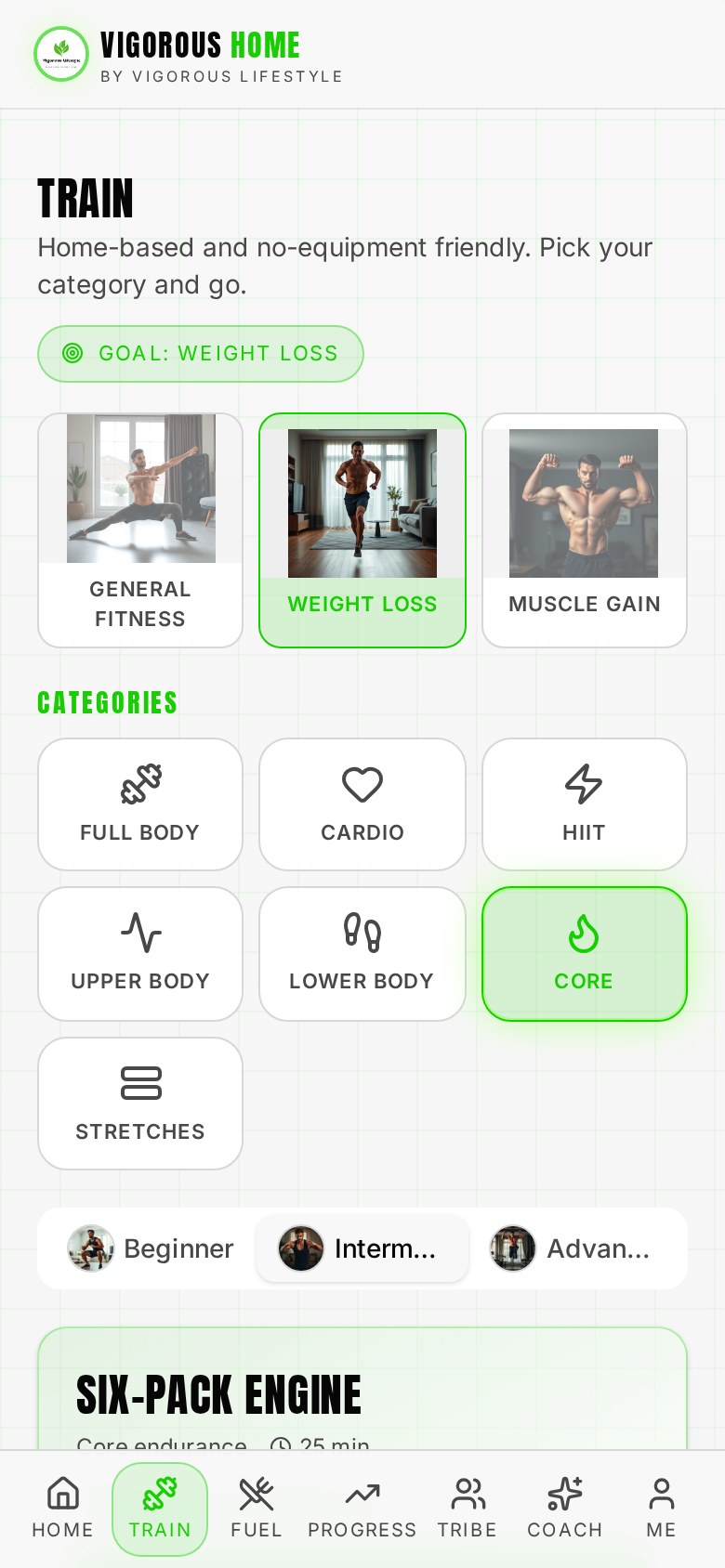Vigorous Home app Workout library screen